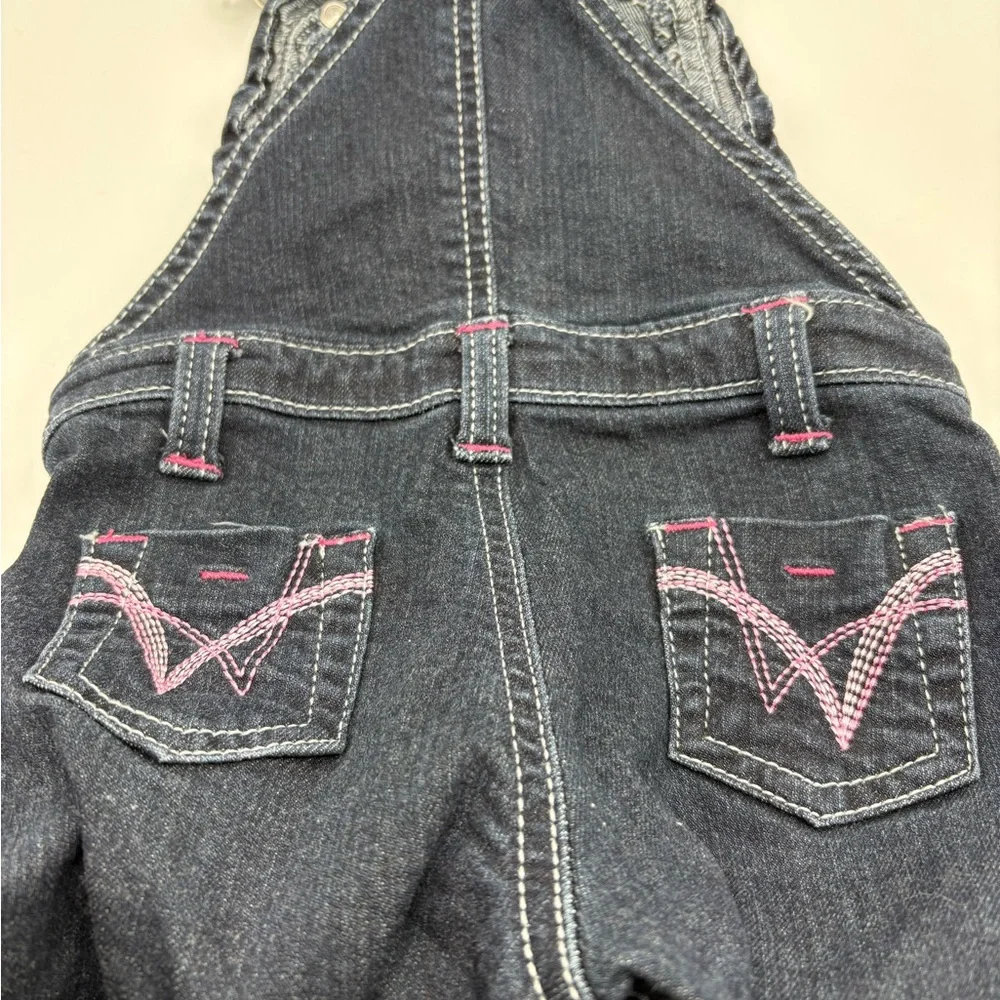 Infant girl Wrangler bib overalls hot pink stitching dark wash denim 3-6 months - Picture 5 of 7